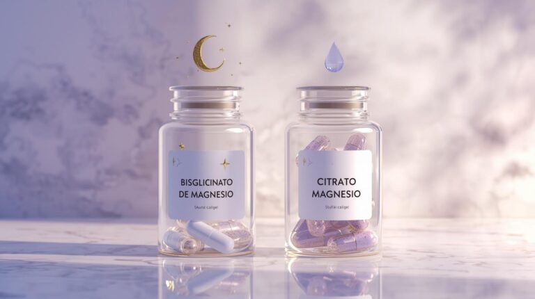 Comparativa visual de cápsulas de suplemento de bisglicinato (con icono de luna) y citrato de magnesio (con icono de agua), sobre una superficie de mármol.