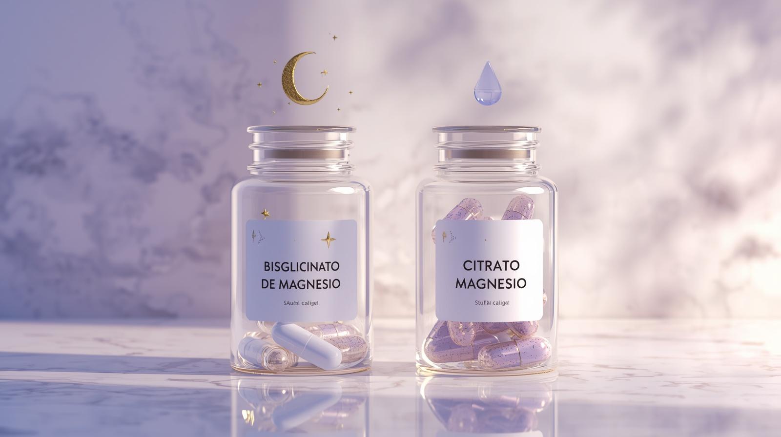 Comparativa visual de cápsulas de suplemento de bisglicinato (con icono de luna) y citrato de magnesio (con icono de agua), sobre una superficie de mármol.