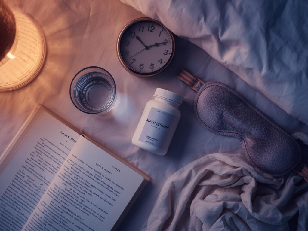 Rutina nocturna de suplementación con bisglicinato de magnesio, agua y libro en una mesita de noche minimalista.
