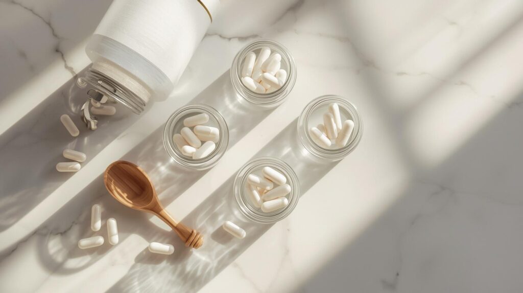 Dosis recomendada de magnesio elemental y cápsulas de bisglicinato sobre una encimera minimalista