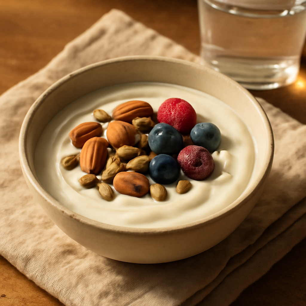 Merienda nocturna ligera con yogur natural, semillas y frutos secos como fuentes de magnesio