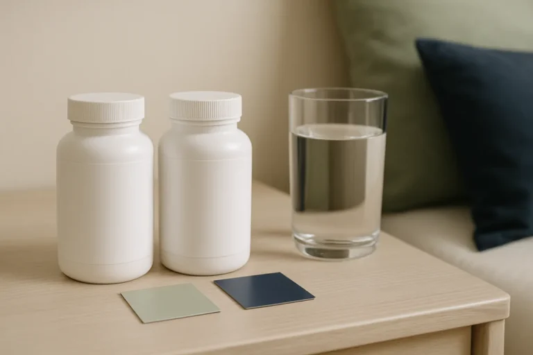Dos frascos genéricos de suplementos de magnesio junto a un vaso de agua, representando una comparativa entre bisglicinato y glicinato