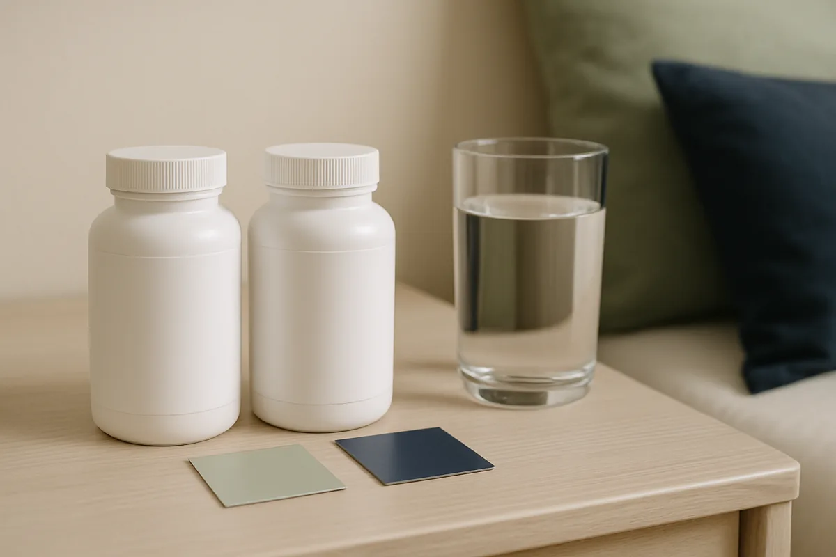 Dos frascos genéricos de suplementos de magnesio junto a un vaso de agua, representando una comparativa entre bisglicinato y glicinato