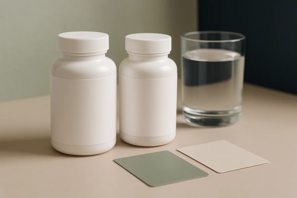 Dos frascos genéricos de suplementos de magnesio junto a un vaso de agua y tarjetas en blanco para comparar bisglicinato y glicinato