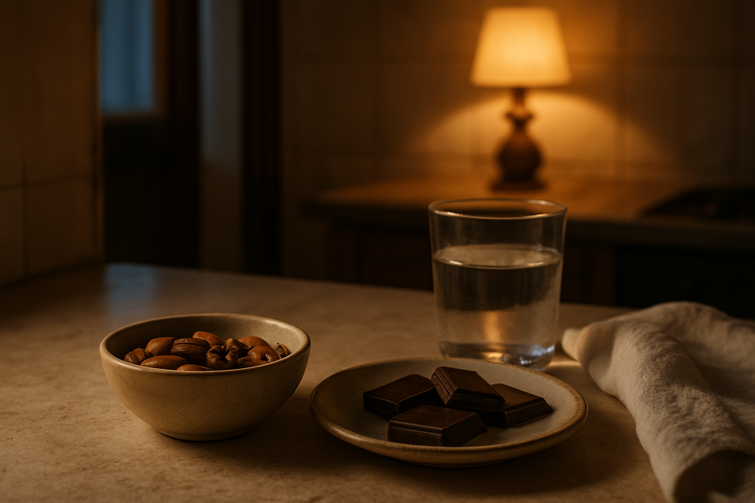 Rutina nocturna realista con alimentos ricos en magnesio y ambiente tranquilo, sin suplementos ni marcas