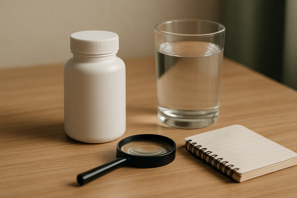Frasco genérico de suplemento de magnesio junto a un vaso de agua, una lupa y un cuaderno para revisar la etiqueta y la dosis con seguridad
