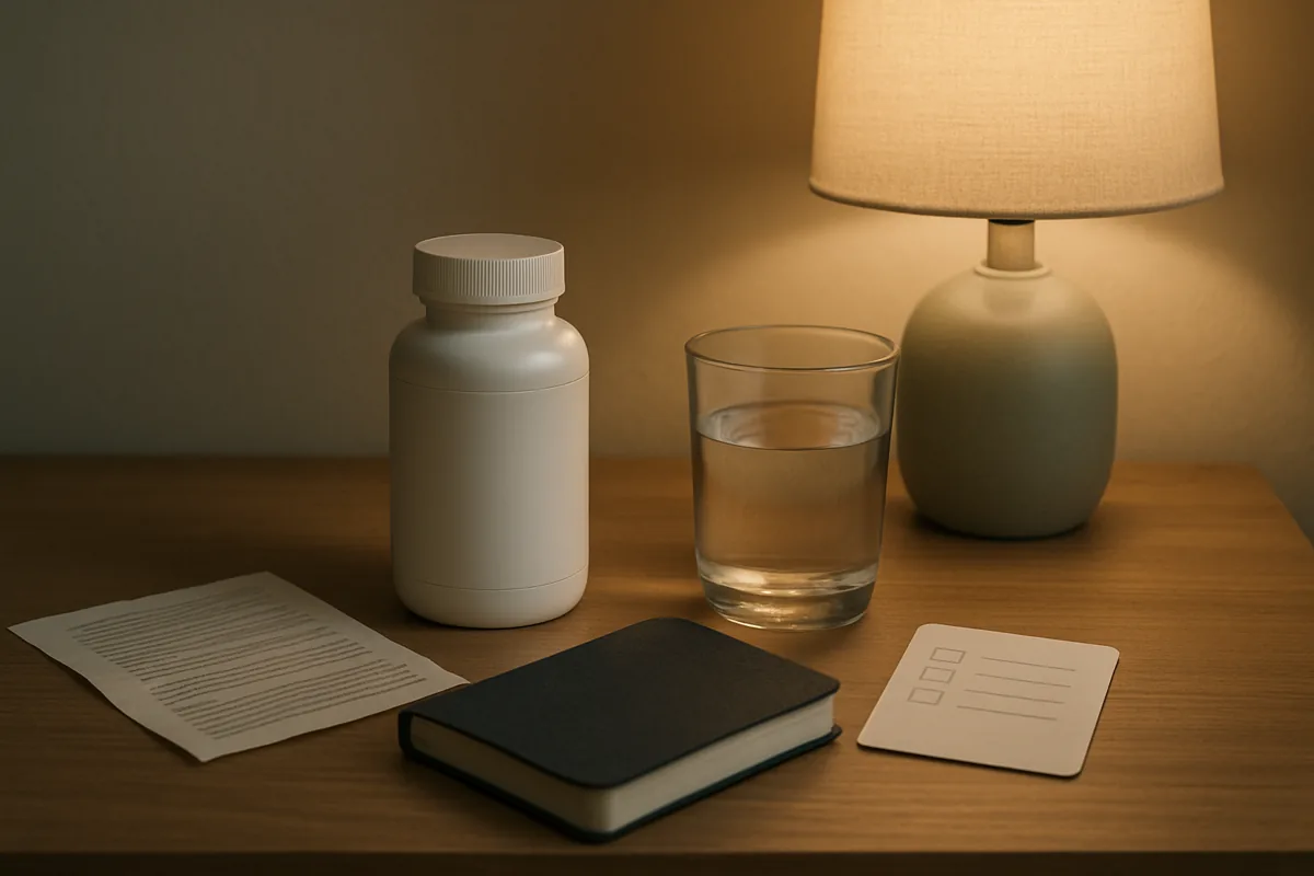 Frasco genérico de bisglicinato de magnesio junto a un vaso de agua y una lámpara de noche, representando un uso seguro antes de dormir efectos secundarios
