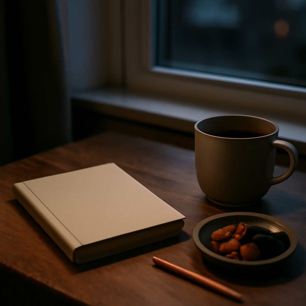 Mesa nocturna sencilla con cuaderno cerrado, té y alimentos ricos en magnesio para una rutina de calma