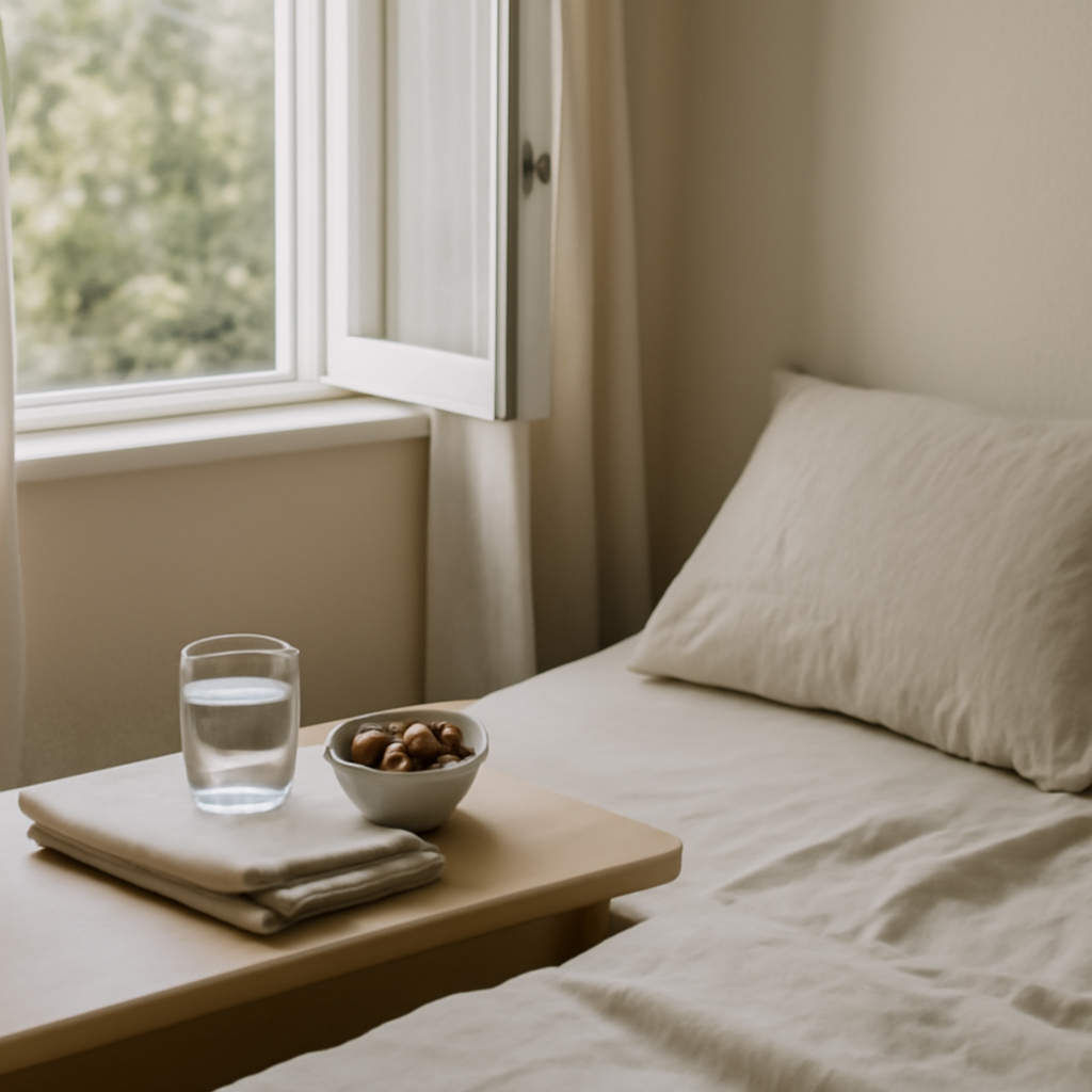Escena realista de hábitos de sueño con ventana abierta y rutina saludable, sin suplementos ni marcas