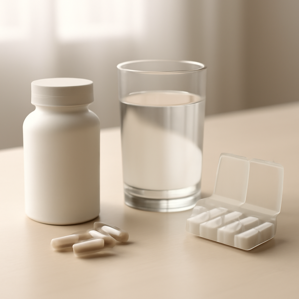 Separación visual de suplemento de magnesio y medicamentos genéricos en una mesa de salud, sin texto ni marcas