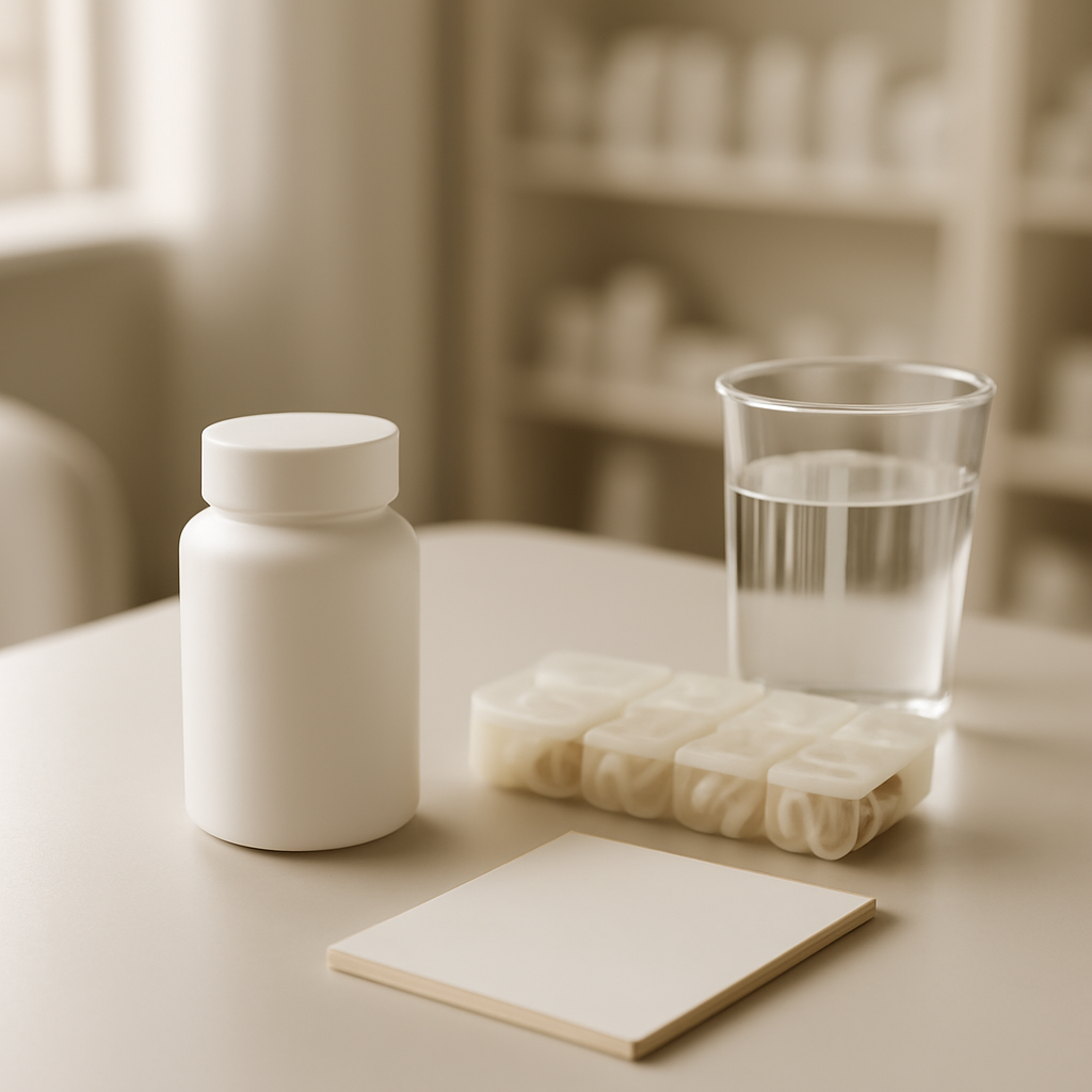 Mesa de consulta con suplementos y medicamentos genéricos separados, representando el uso seguro del magnesio con tratamientos