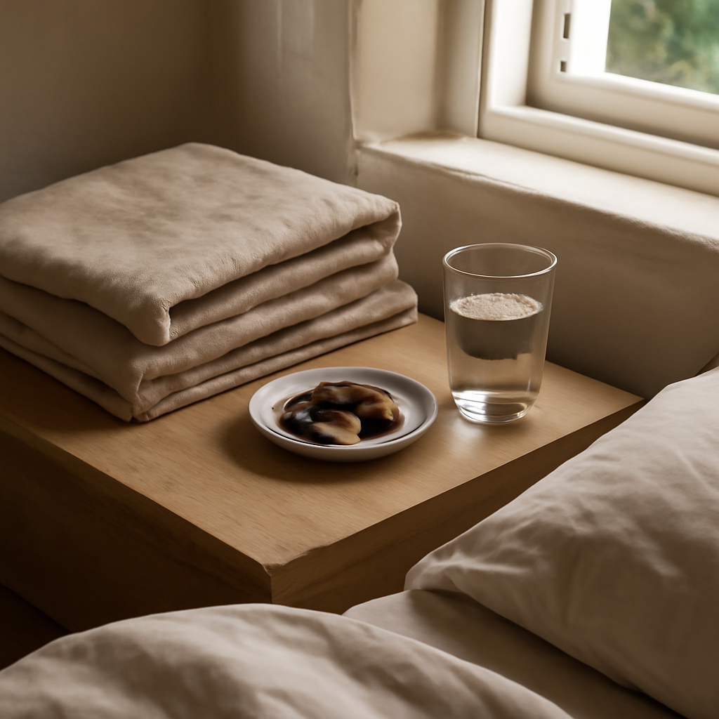 Ambiente de descanso fresco con alimentos ricos en magnesio para acompañar hábitos de sueño en menopausia