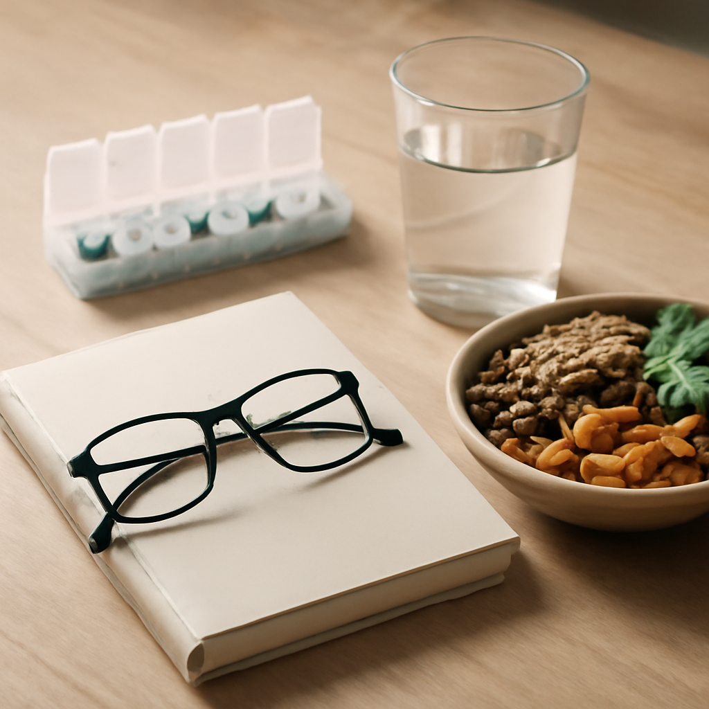 Mesa de revisión prudente con gafas, agua, alimentos ricos en magnesio y organizador genérico sin marcas