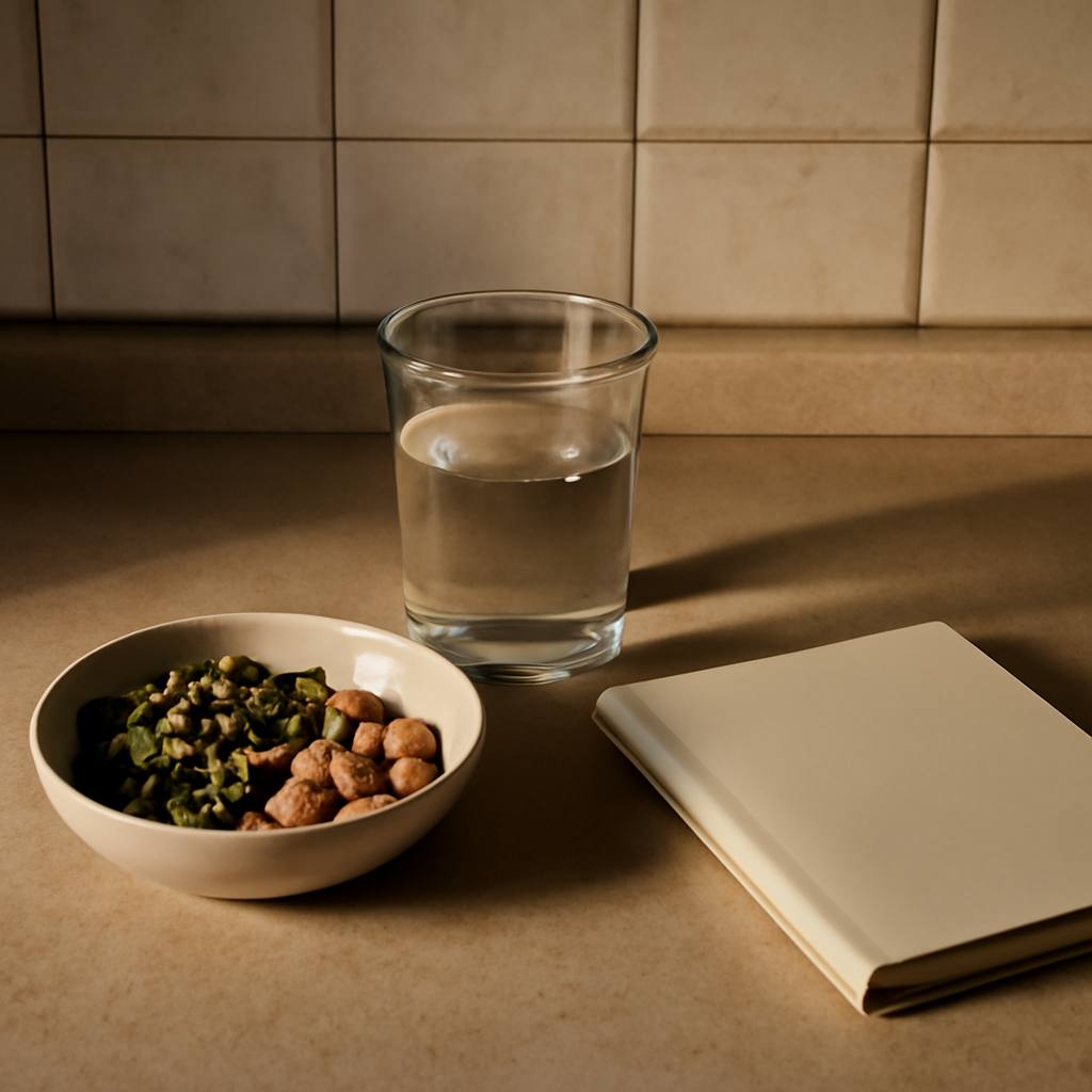 Mesa de cocina con agua, alimentos ricos en magnesio y ambiente nocturno sobrio para hablar de hábitos de sueño