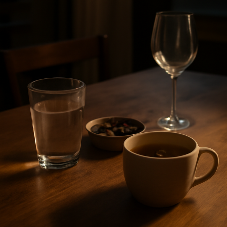 Escena editorial realista sobre alcohol, magnesio y sueño con agua y rutina nocturna prudente