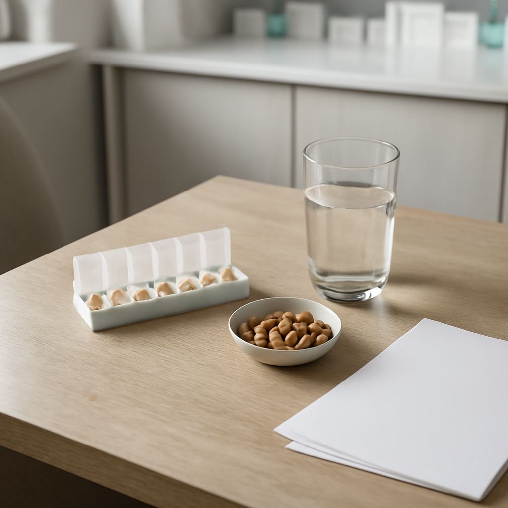 Mesa de consulta farmacéutica sin marcas con alimentos ricos en magnesio y medicación genérica separada