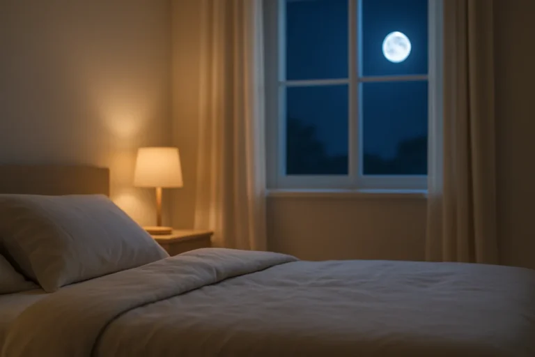 Cama tranquila con una ventana al fondo y la luna visible, representando el descanso nocturno en un artículo sobre magnesio y melatonina