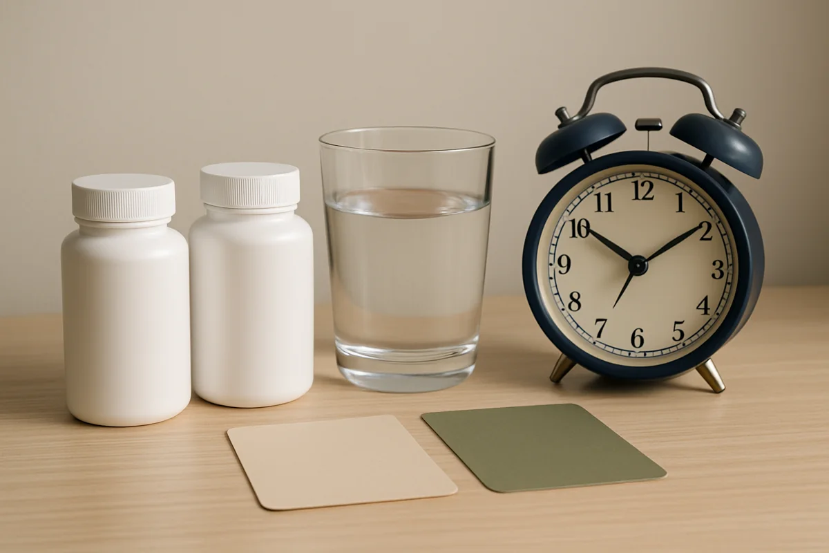Dos frascos genéricos de suplementos, un vaso de agua y un reloj para representar dosis y horario al tomar magnesio y melatonina