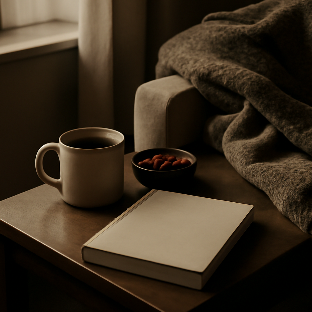 Rutina nocturna sencilla con té, frutos secos y cuaderno cerrado para introducir el bisglicinato de magnesio