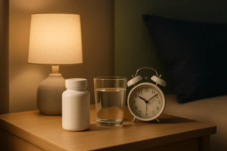 Frasco genérico de magnesio junto a un vaso de agua, una lámpara cálida y un reloj en una mesilla de noche