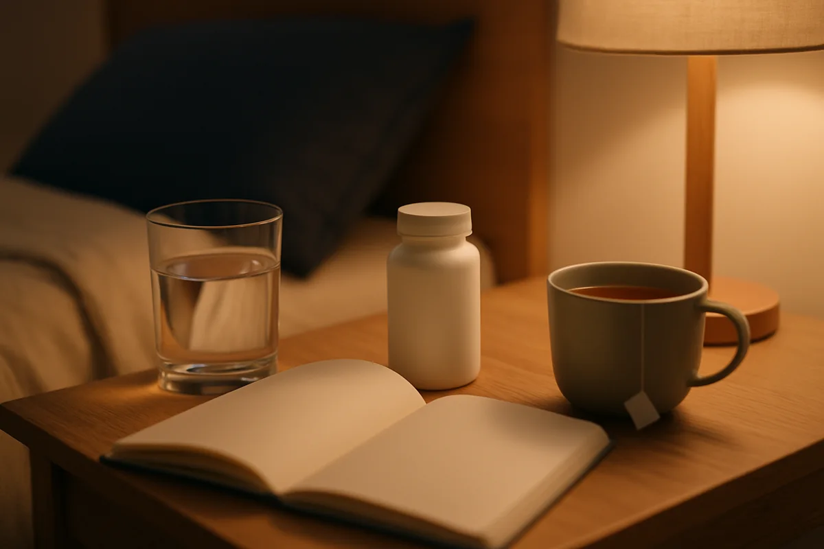 Mesilla de noche con frasco genérico de magnesio, vaso de agua, infusión y cuaderno en blanco como parte de una rutina nocturna