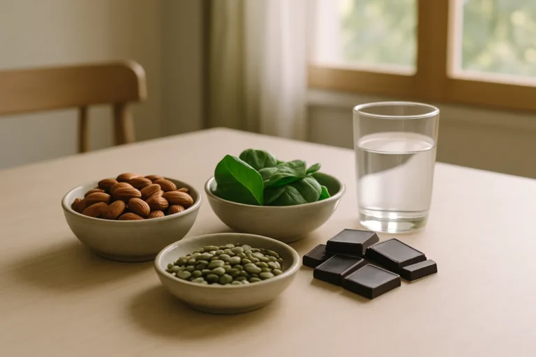 Alimentos ricos en magnesio como almendras, semillas, espinacas y chocolate negro junto a un vaso de agua en una mesa luminosa