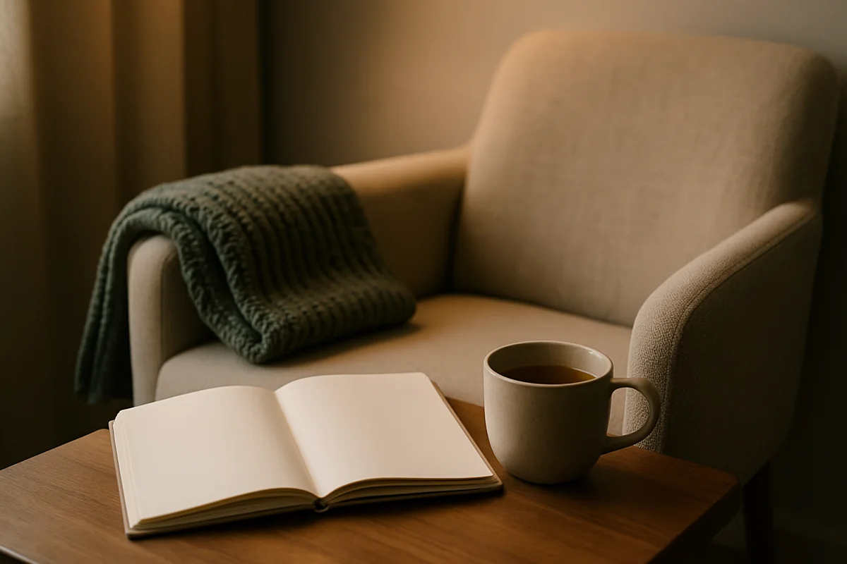 Rincón de lectura con manta, cuaderno en blanco e infusión como parte de una rutina nocturna suave sin melatonina