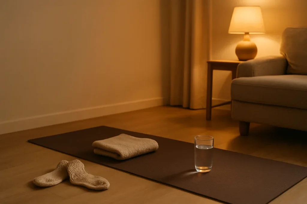 Esterilla, toalla, calcetines y vaso de agua preparados para una rutina suave de estiramientos nocturnos para evitar síndrome de piernas inquietas