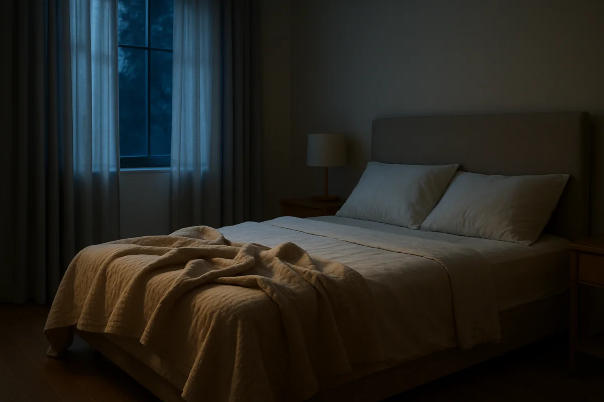 Dormitorio tranquilo de noche con una cama ligeramente desordenada y luz azul suave entrando por la ventana